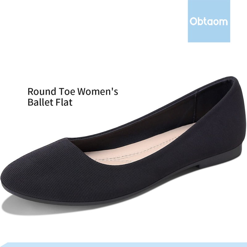 Obtaom Womens Textile Flat Shoes Round Toe Slip on Shoes Fabric Dress Black Ballet Flats(Black,US06) - Image 3